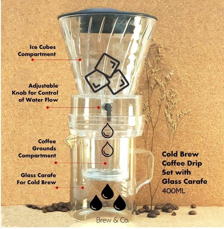 Smooth Cold Brew Coffee and Tea Maker, Dripper Iced Coffee Brewer Maker, Stainless Steel Filter, Borosilicate Glass Carafe 600ml, Size: 45x15cm, Clear