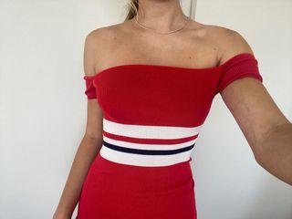 red striped off shoulder dress