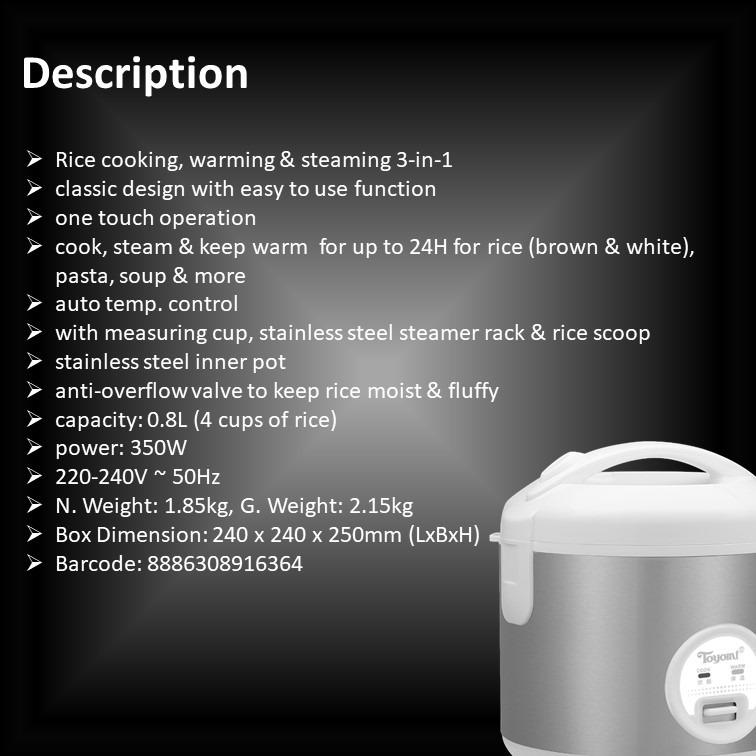 Toyomi 0.8L Electric Rice Cooker & Warmer with Stainless Steel