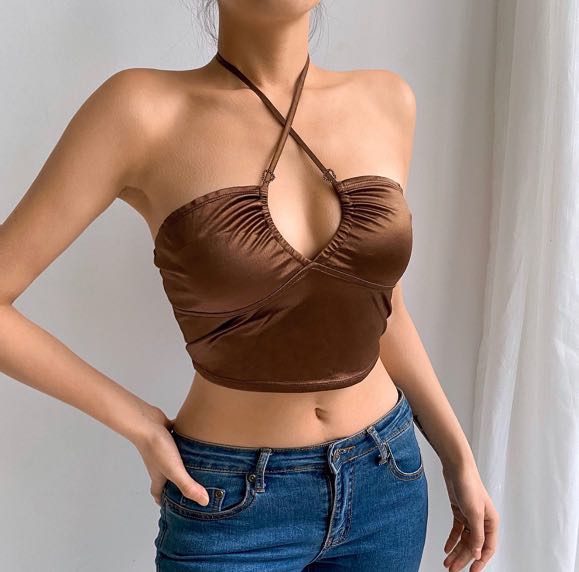 Women Brown V-Neck Sleeveless Stretch Top