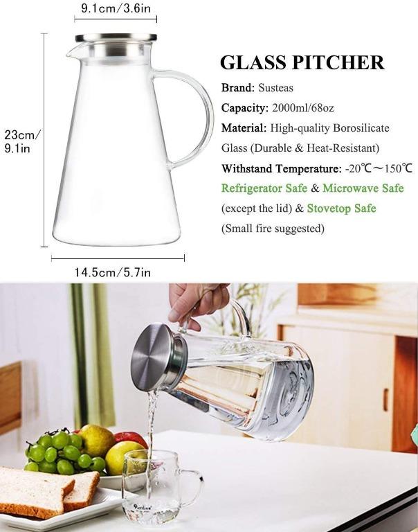 SUSTEAS 2 Liter Glass Pitcher, Water Pitcher with Removable Lid And Wide  Handle, Easy Clean Juice Jug for Fridge, Beverage Carafe for Cold/Hot  Water