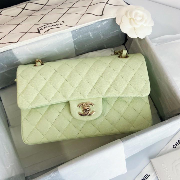 💯% Authentic CHANEL Light Green Caviar Quilted Small Double Flap