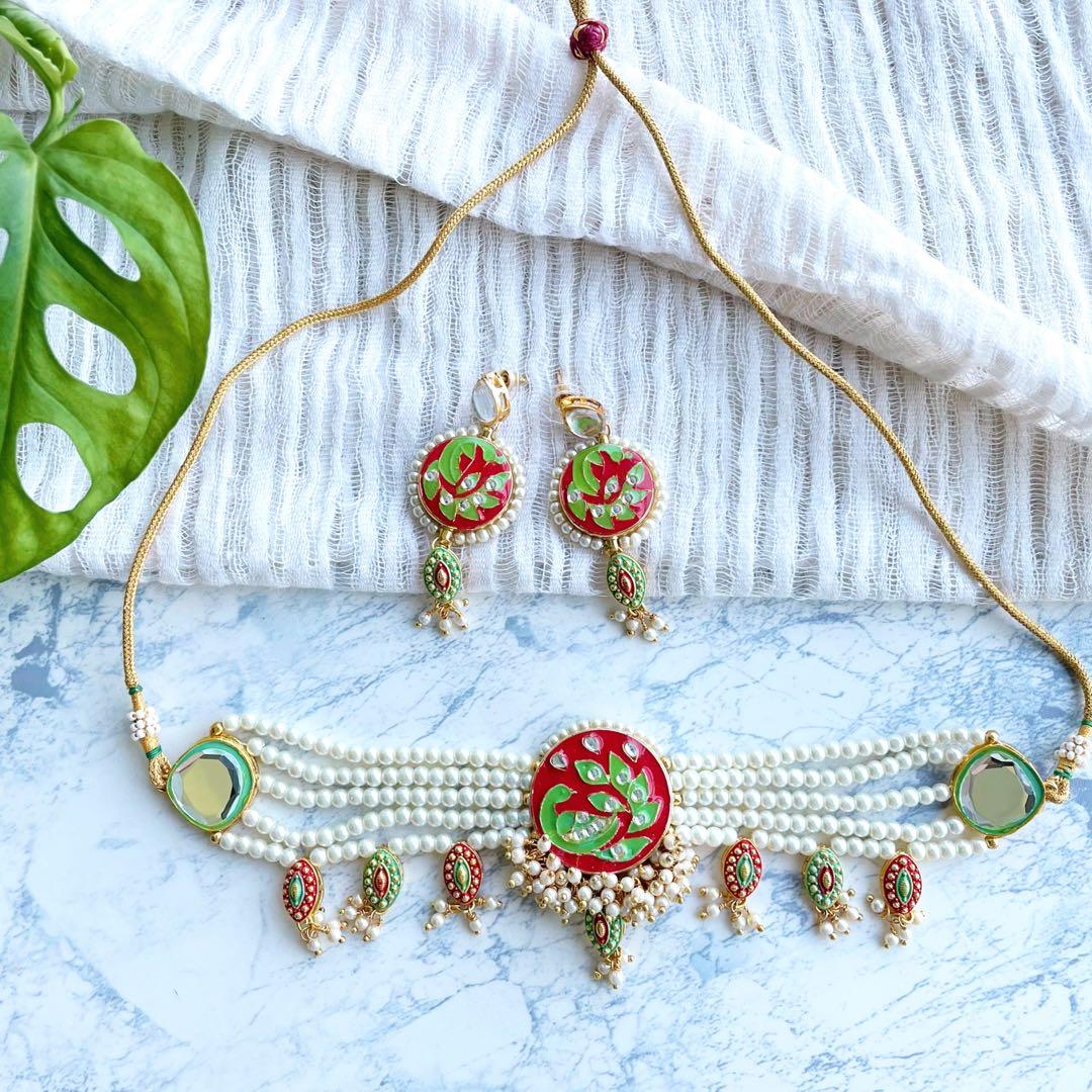 Beaded meenakari style Choker necklace with earrings set Traditional necklace Indian jewellery women s jewellery