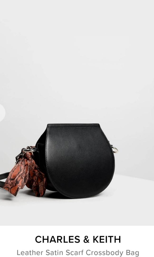 Black Leather Satin Scarf Crossbody Bag, CHARLES & KEITH