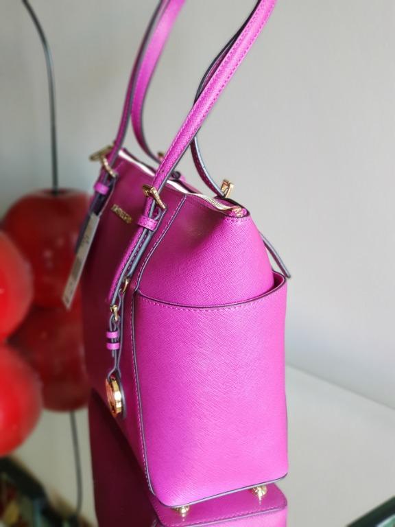 Authentic Michael Kors Jet Set Medium Crossgrain Pocketed Top Zip Classic  Leather Tote Bag - Fuschia Pink