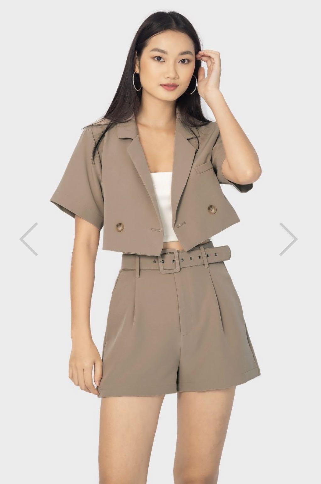 Lovet Vibe Check Crop Button Blazer Belted High Waist Shorts