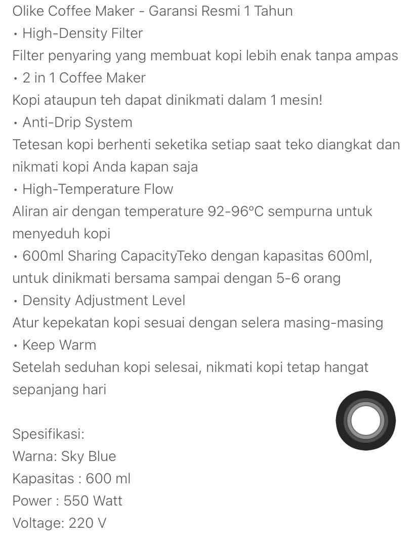 OLIKE Coffee Maker Sky Blue Low Watt - Garansi Resmi 1 Tahun in