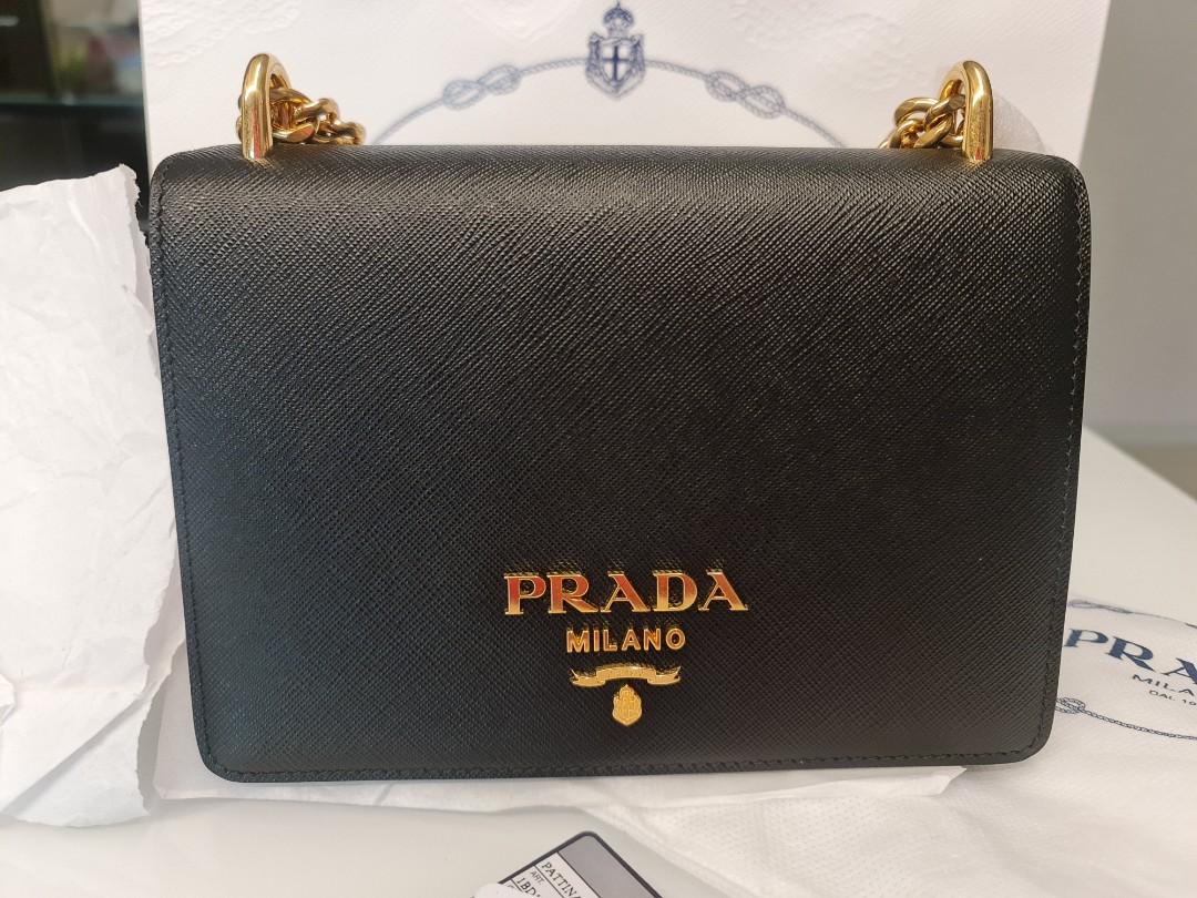 Prada, Pattina Cross Body Black With Golden-Tone Chain Saffiano Leather