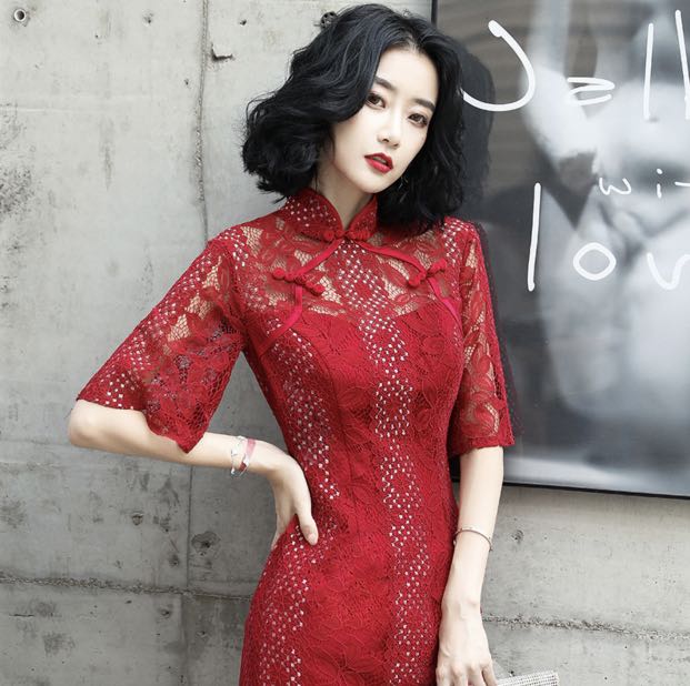 Red Lace Cheongsam Qipao Dress Women s Fashion Dresses Sets