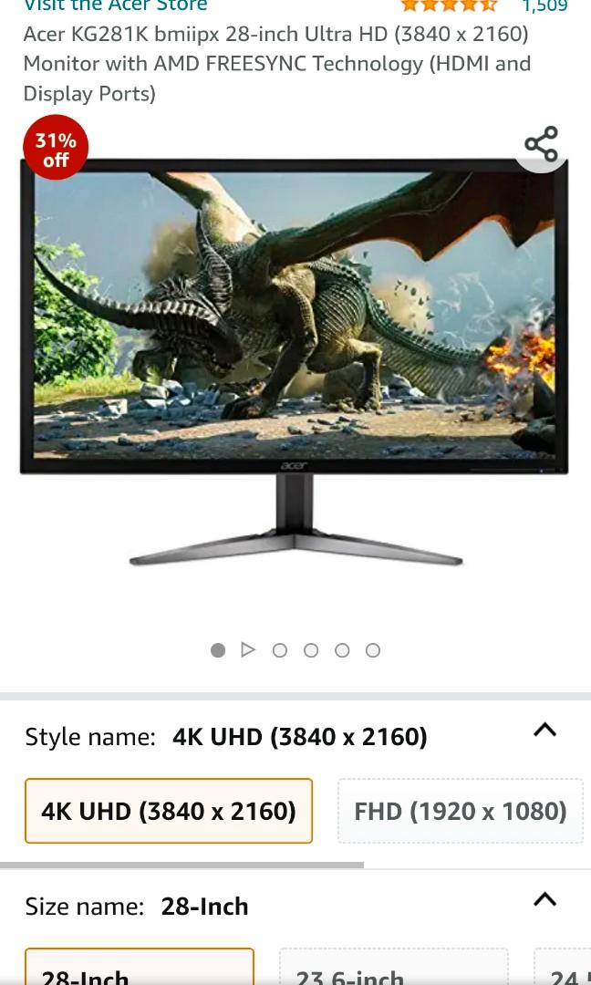ACER KG281K ULTRA hd Gaming monitor, Computers \u0026 Tech, Parts \u0026 Accessories,  Monitor Screens on Carousell