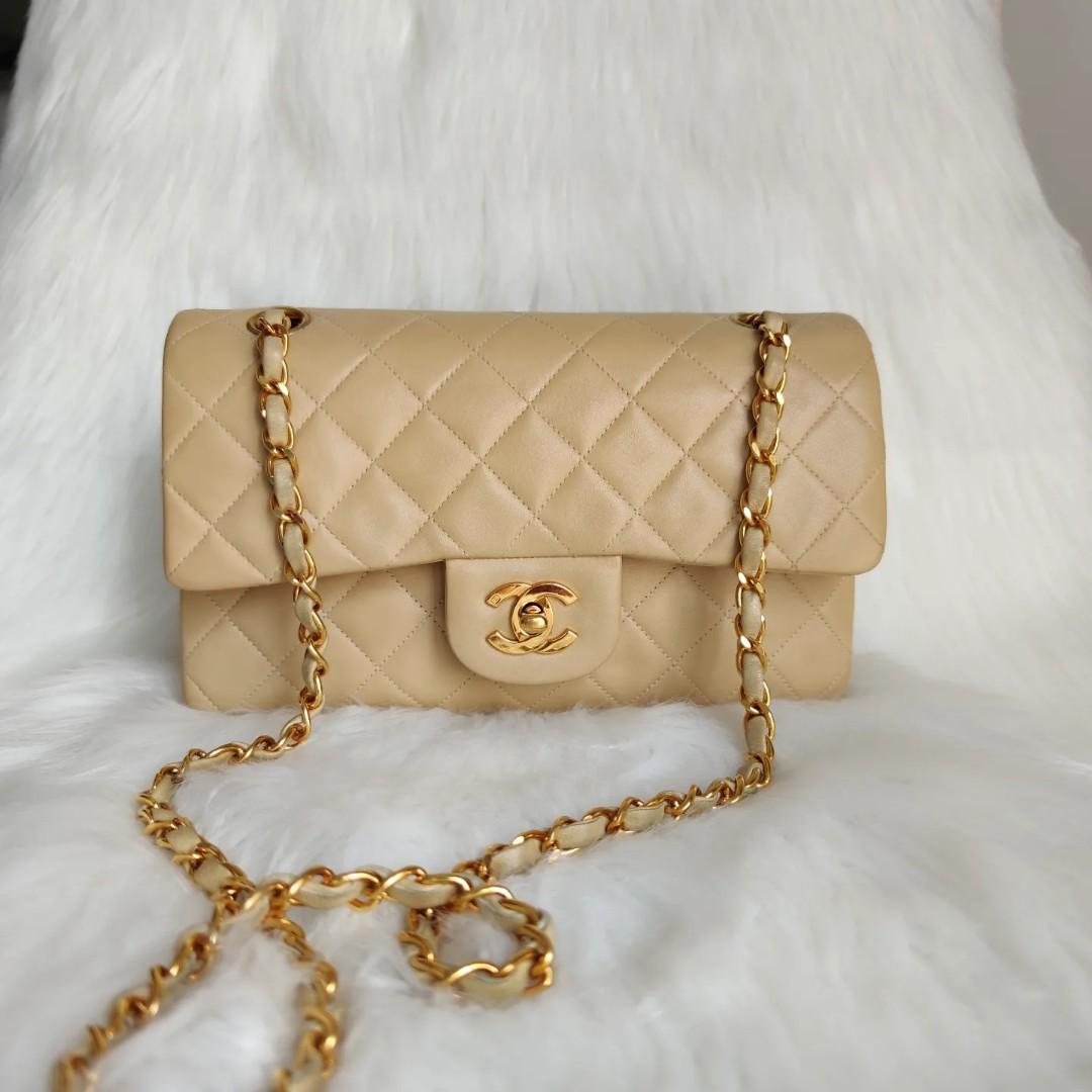 Authentic Vintage Chanel Beige Small Classic Flap Lambskin 24k GHW, Women's  Fashion, Bags & Wallets, Shoulder Bags on Carousell