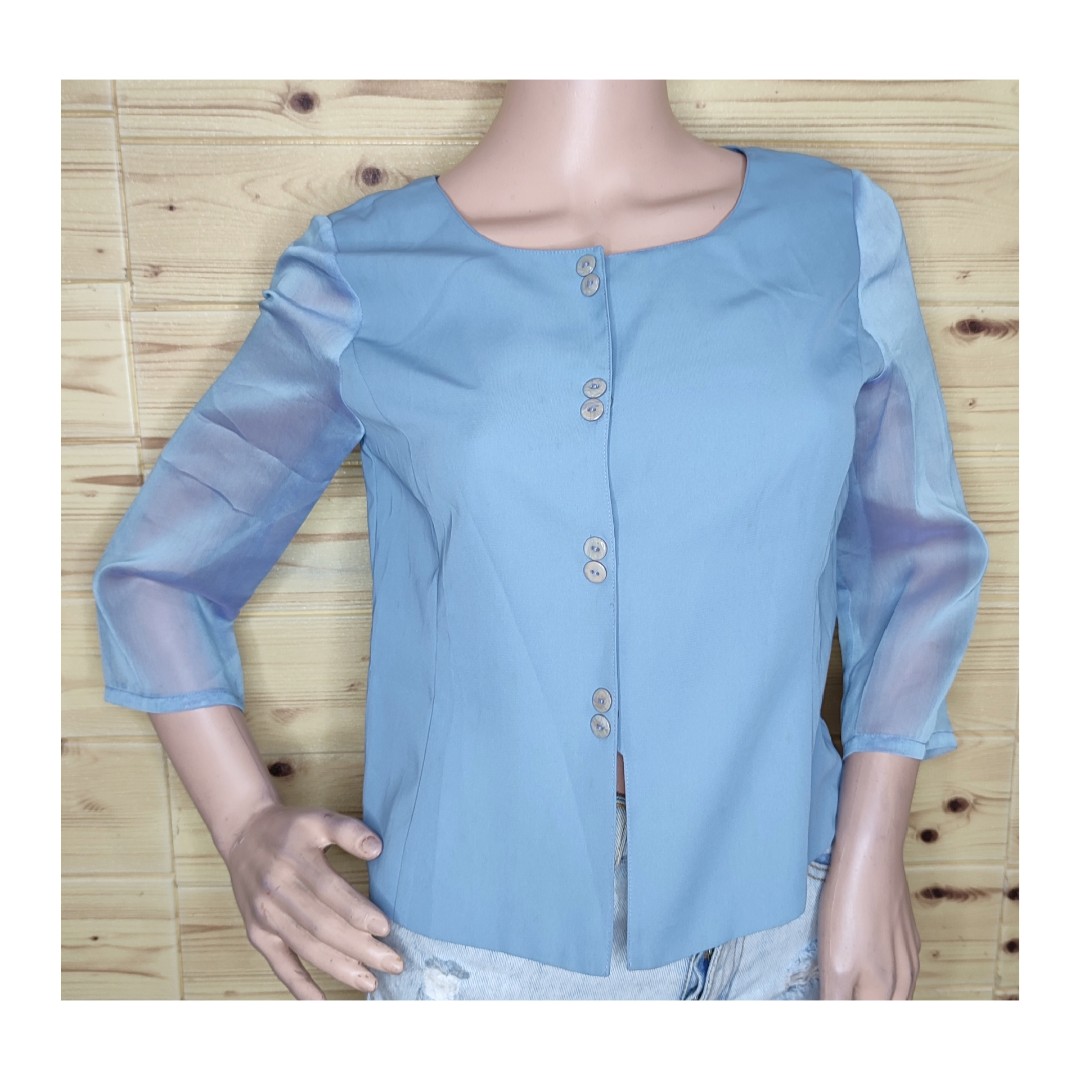 Blue Button Down Sheer Sleeves Cute Top 