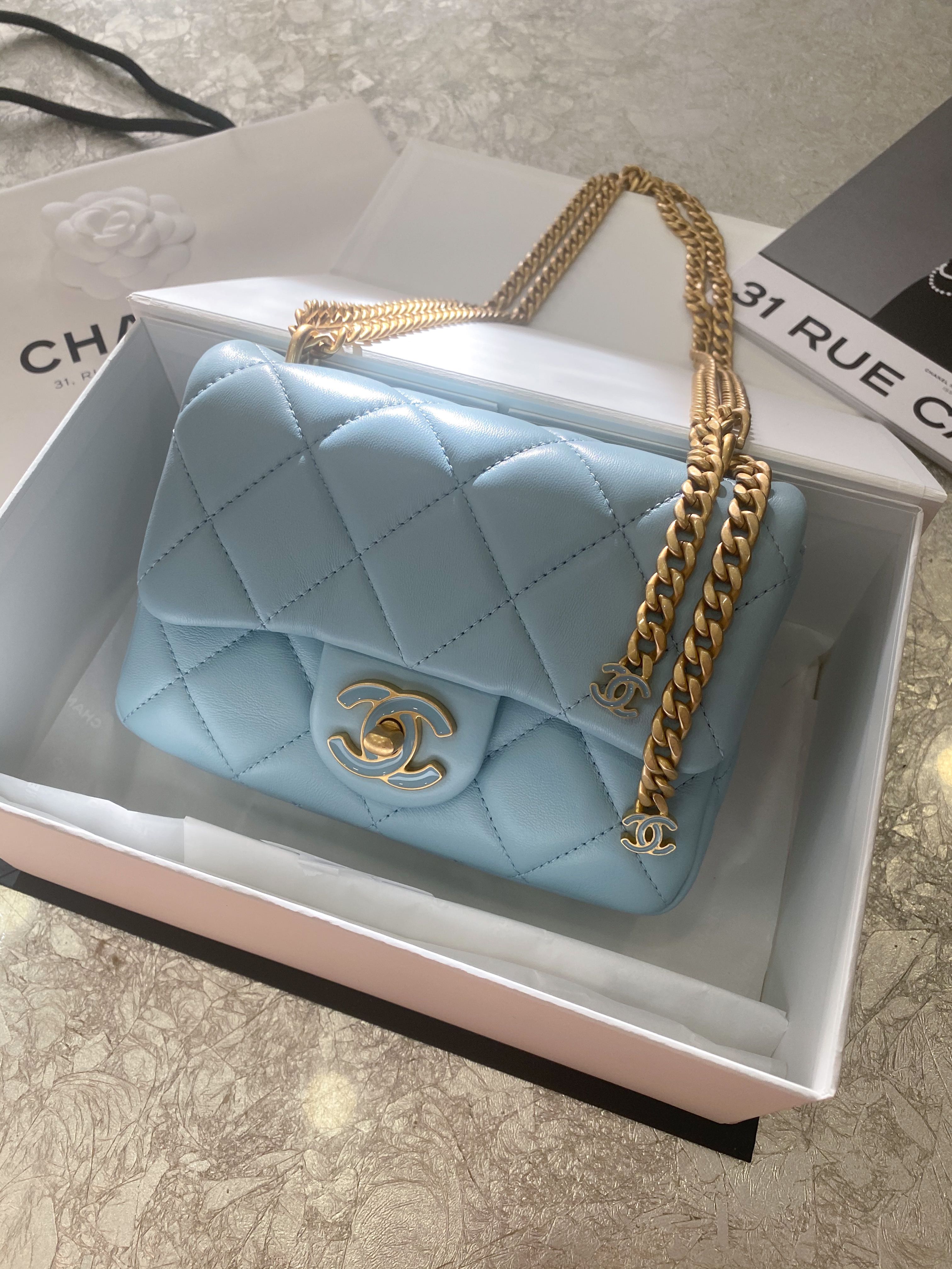 Chanel 22S Blue Caviar Small Size Classic Flap with Champagne Gold  Hardware. 