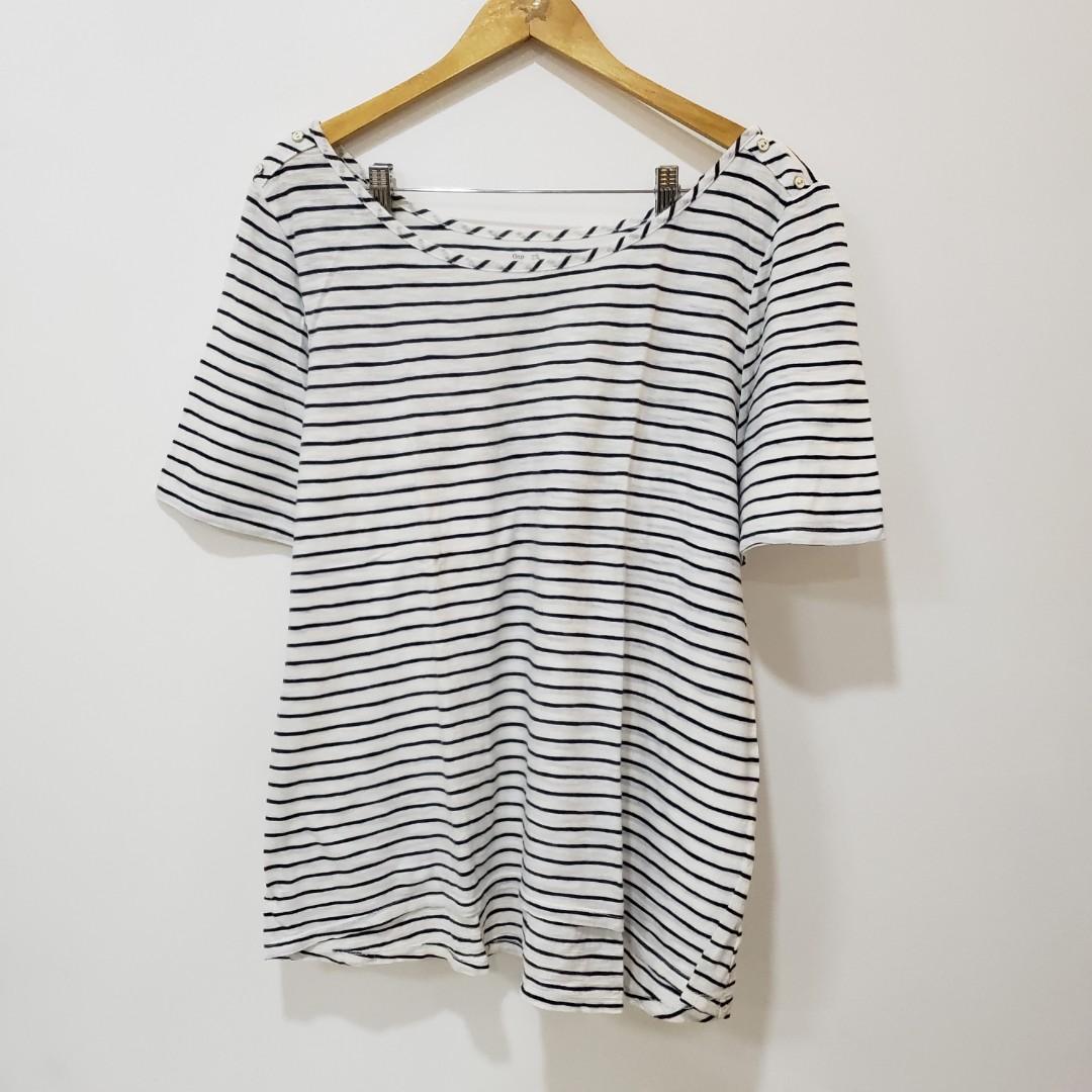 GAP white and blue striped shirt (Category: Shirts) located in Pasig City. Submitted by aooooo__ (Listing ID 1139756776, Image 1). Description: size US XL please see photos for condition no measurements no when worn photos payment and shipping options: 1. Gcash payment and gogo x shipping 2. Shopee Checkout.