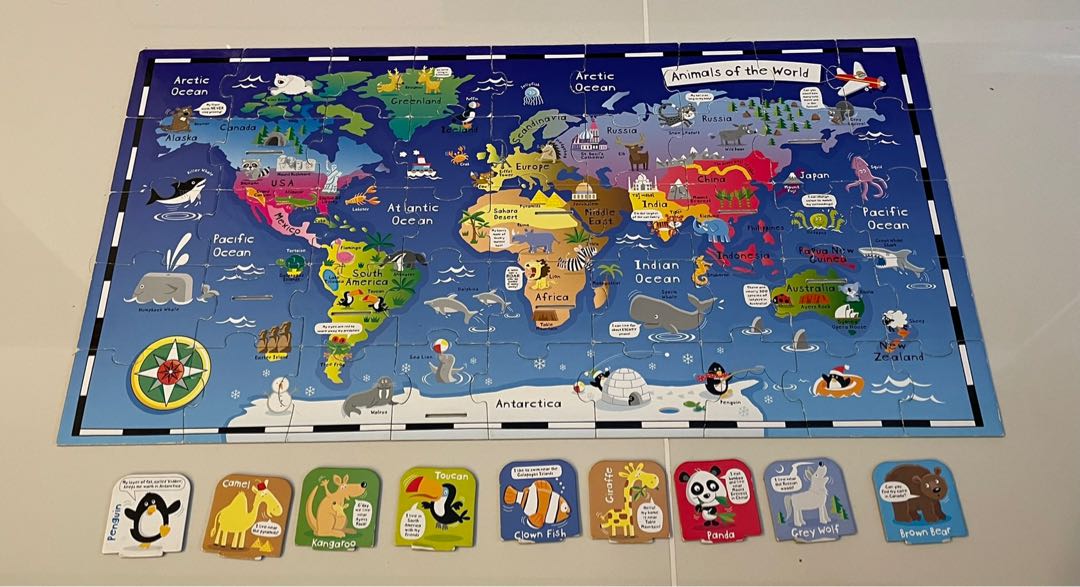 Kids educational world map puzzle with standup cards, Hobbies & Toys, Toys & Games on Carousell