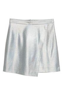 (S) NEW H&M Metallic PU Wrap Skirt in Holographic Silver
