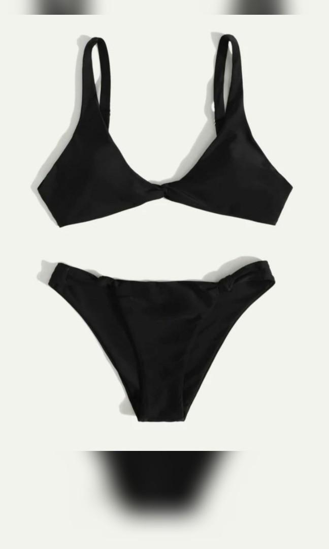Shein black twist knot bikini set, Women's Fashion, Swimwear, Bikinis