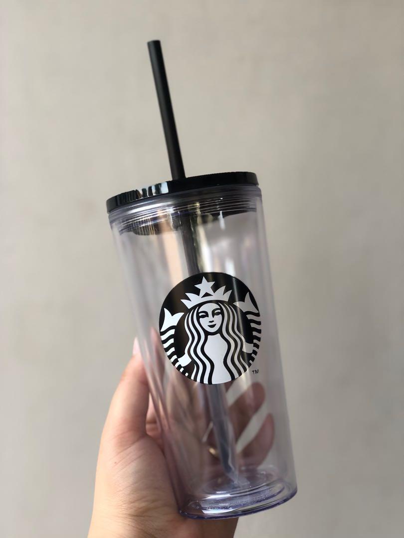 473 ml New Starbucks China Black Glass Siren Logo Cold Cup with Straw 