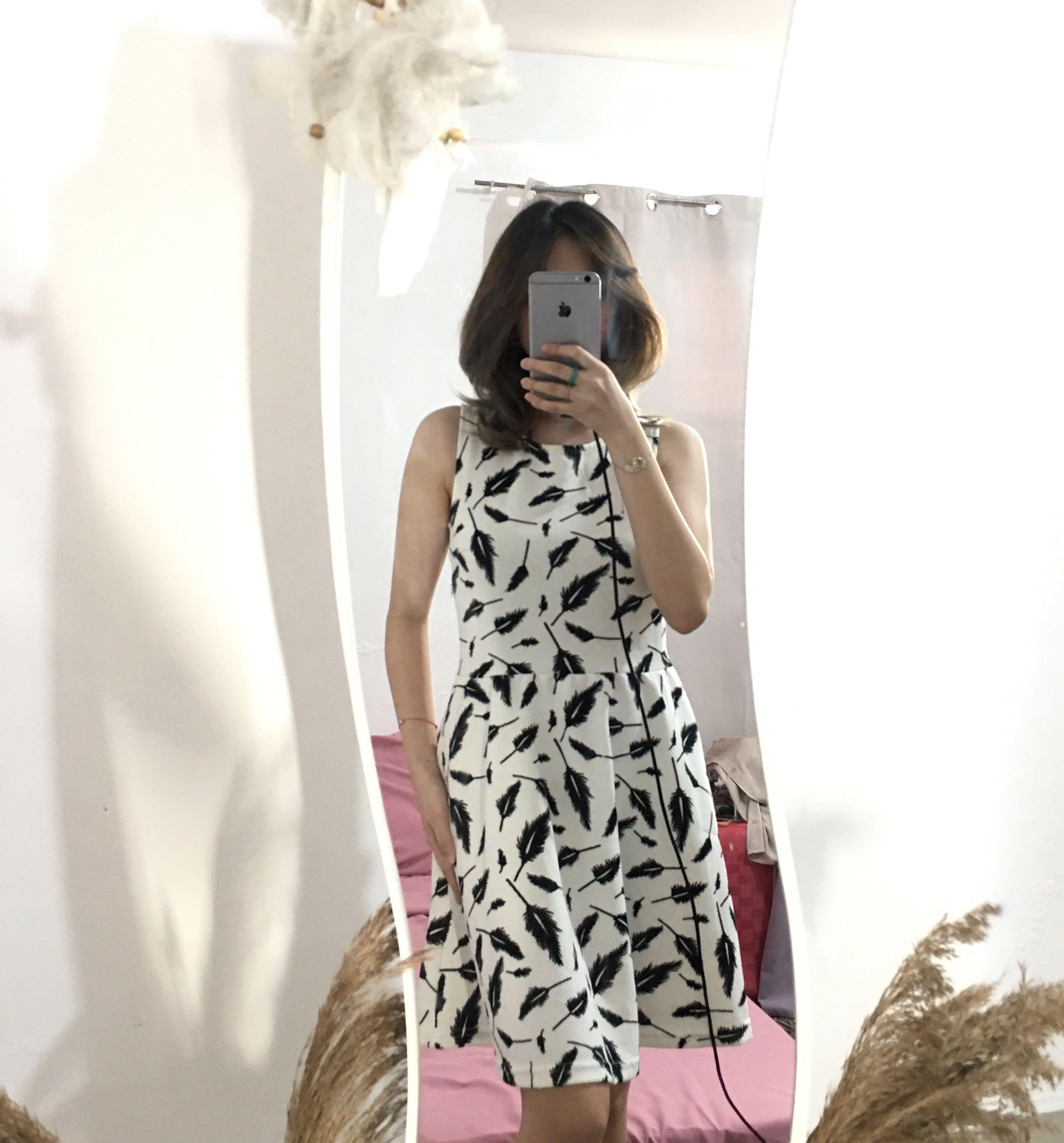 White feather print dress, Women's 