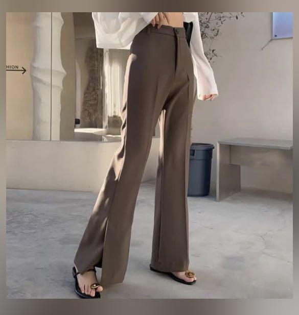 Woman Long Flare Pants office wear khaki brown high waisted 