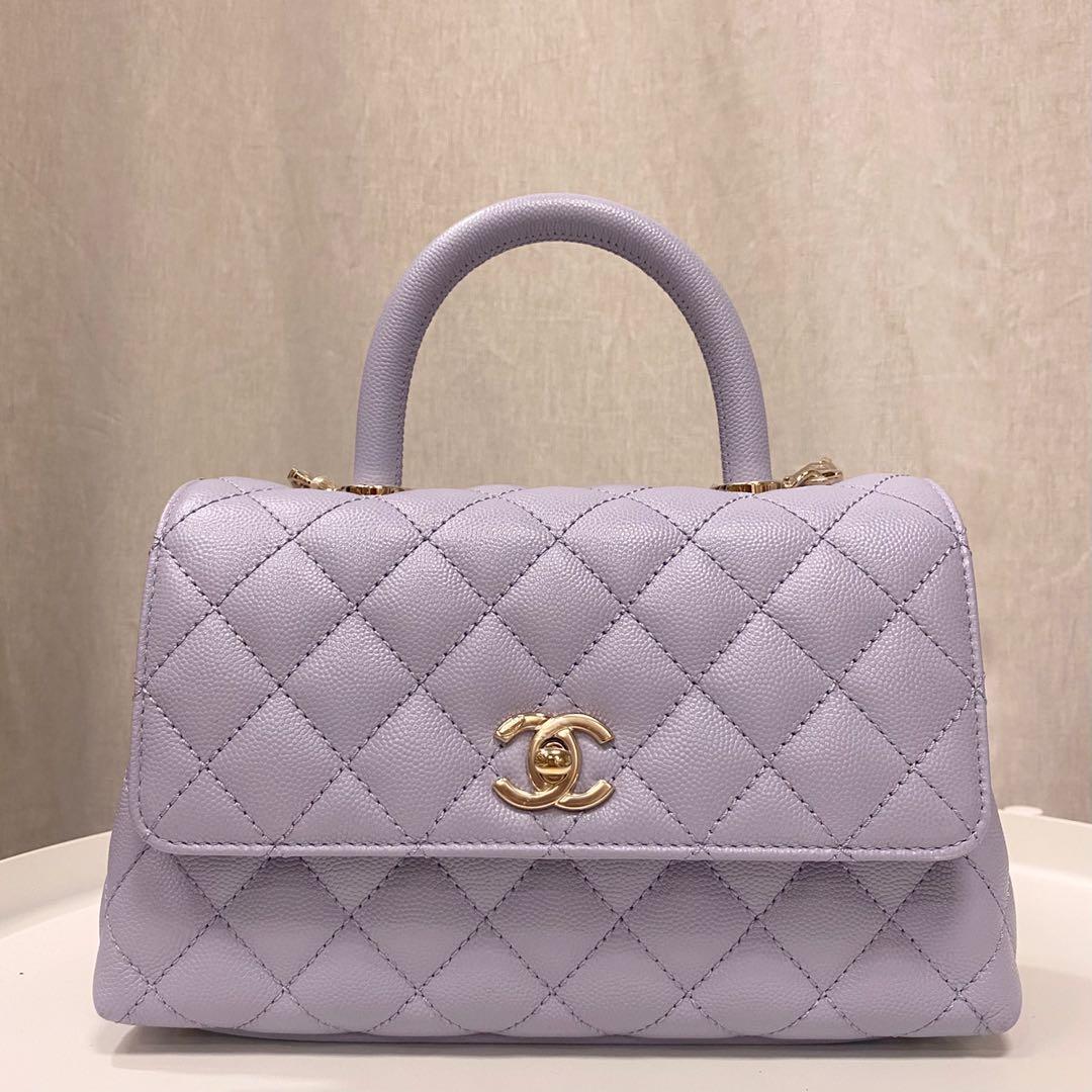 Authentic Chanel 21K Lilac Small Coco Handle bag in Caviar and Gold Hardware
