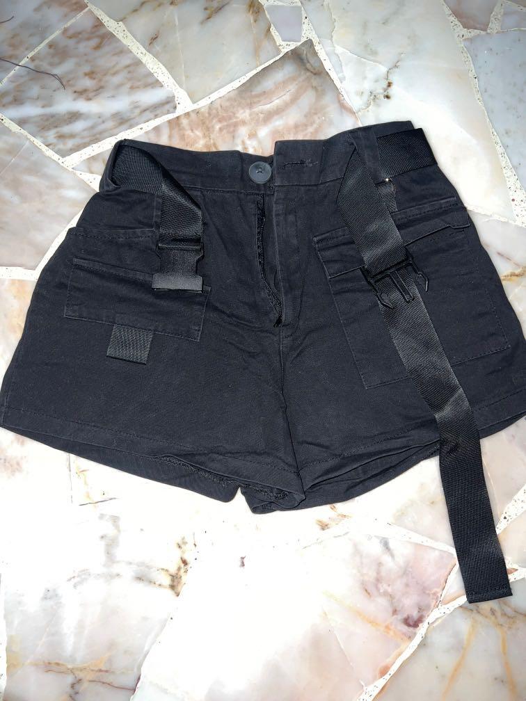 Black cargo shorts with buckle belt 