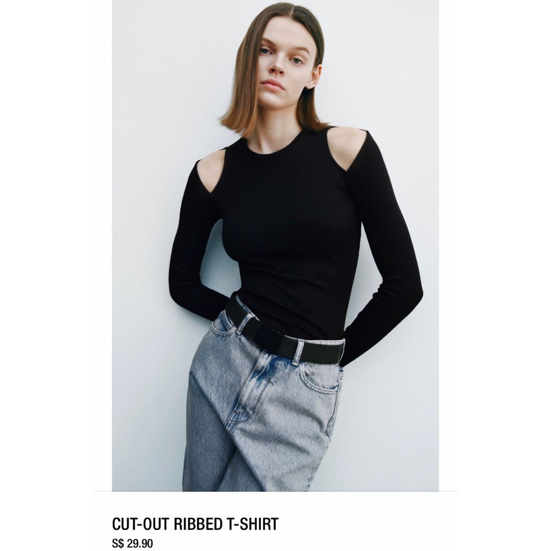 ZARA Cut Out Ribbed T-shirt, Women's 