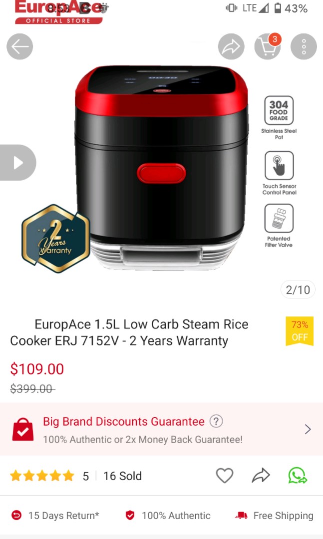 Europace low carb rice cooker 1.5L, TV & Home Appliances, Kitchen