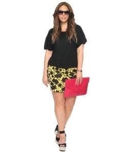 NWT Plus Size UK 16 24 Forever 21 Yellow Black Floral Stretch Knit Pencil Skirt