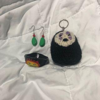 studio ghibli set hayao miyazaki howl’s moving castle & spirited away (crochet / amigurumi no-face keychain, howl’s earrings & calcifer mini trinket tray jewelry holder)