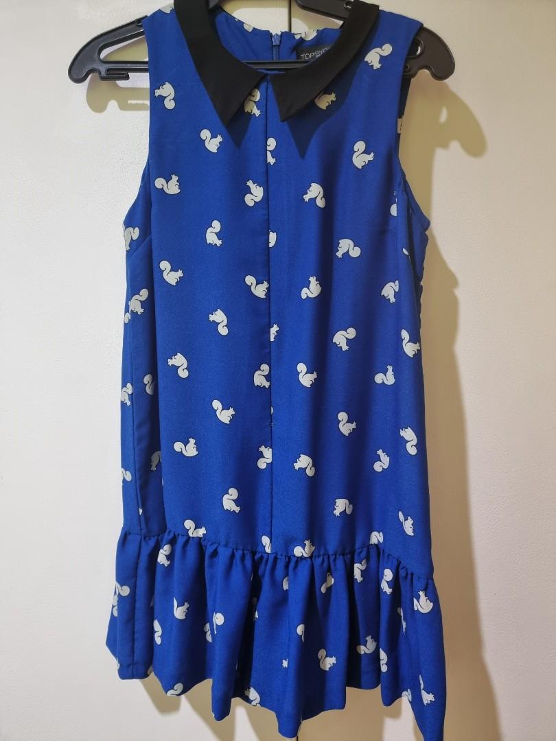 Topshop Blue Squirrel Dress (Category: Dresses) located in Manila. Submitted by decluttermystuff21 (Listing ID 1140100714, Image 1). Description: Blue Mini Dress w/ Collar & Ruffles Very cute squirrel print Brand: Topshop (Petite Line) Size: EUR 38, US 6, UK10.