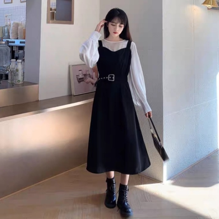 Two Piece Set Black Dress With White Long Sleeve Shirt Ulzzang