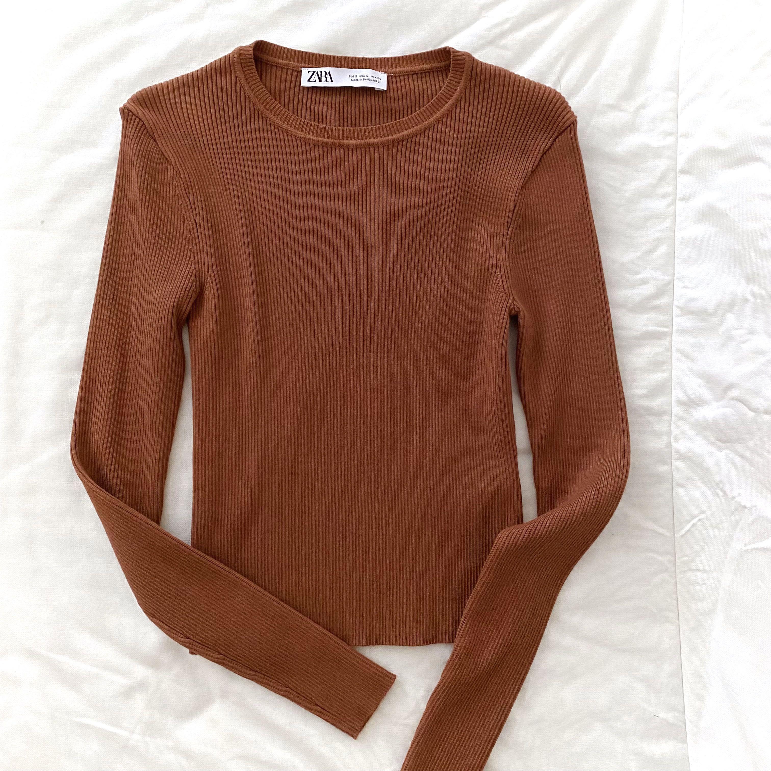 zara rust brown ribbed longsleeve top!, Women's Fashion, Tops, Longsleeves  on Carousell