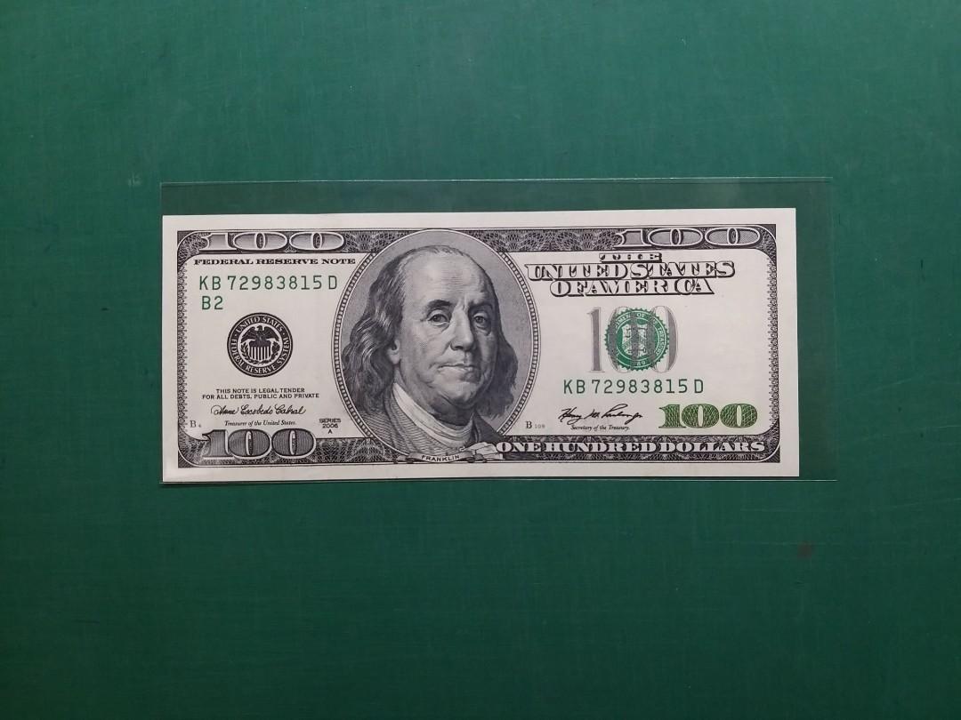 2006年{美洲}美國大頭A版100美元KB72983815D B2全新直版UNC級, 興趣及遊戲, 收藏品及紀念品, 錢幣- Carousell
