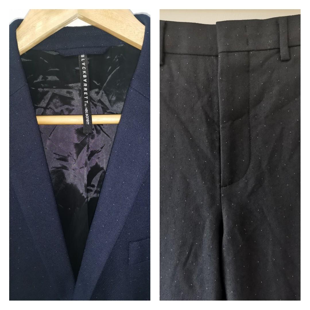 Black Barrett Suit Set (Category: Sets & Coordinates) located in Lapu Lapu. Submitted by nervecloset (Listing ID 1140316788, Image 2). Description: Black Barrett Suit Set Color : Navy with Tiny White Dots Blazer : size 48 Slimfit W=19.5 inches L =28.2 inches Shoulder = 17 inches Sleeve Length = 25 inches Pants : size 32 on tag (Slimfit) Waistline = 32.2 Outseam = 38 inches Leg Opening = 6.3 inches Both Unused(Sample).