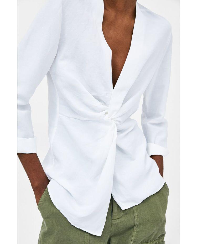 BNWT Zara White Draped Knot Top (Category: Longsleeves) located in Marikina City. Submitted by _brandsforless_ (Listing ID 1140335497, Image 1). Description: New with tag. Size L on tag, fits M to L.