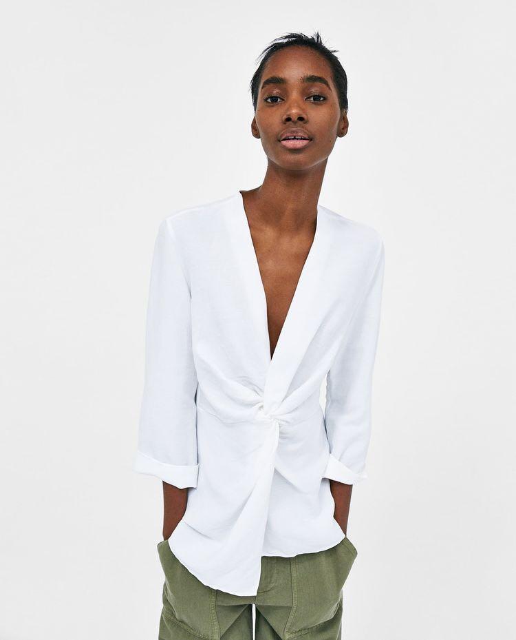 BNWT Zara White Draped Knot Top (Category: Longsleeves) located in Marikina City. Submitted by _brandsforless_ (Listing ID 1140335497, Image 3). Description: New with tag. Size L on tag, fits M to L.