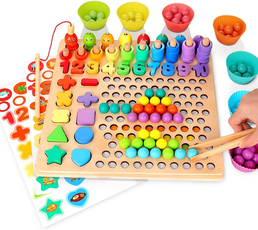 [by1] Wooden Peg Board Number Puzzle Montessori Toy Fishing