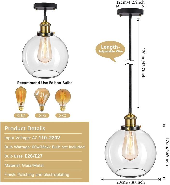 Frideko Vintage Pendant Light Retro Industrial Ball Glass Ceiling Light Fitting Fixture for Kitchen Island Home Bedroom Hallway Entryway 20CM