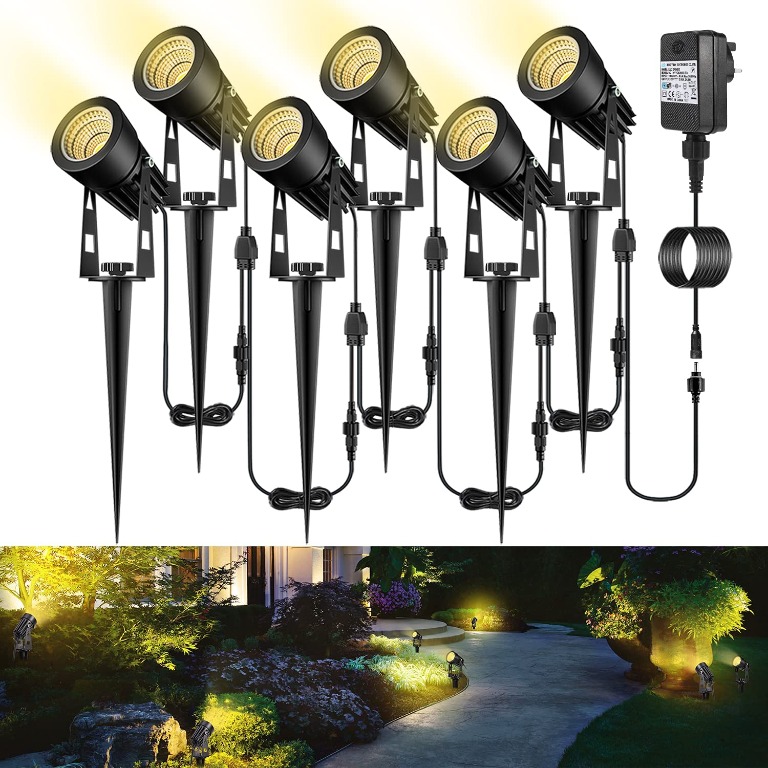 Garden Lights Mains Powered, B-right Upgraded 21M 6-in-1 Extendable to 10  Garden Spotlights with BS Plug IP65 Waterproof Spike Lights for Outdoor  Lighting Pathway Landscape Wall, Warm White (18W, 12V), Furniture  Home  Living, Lighting  Fans ...
