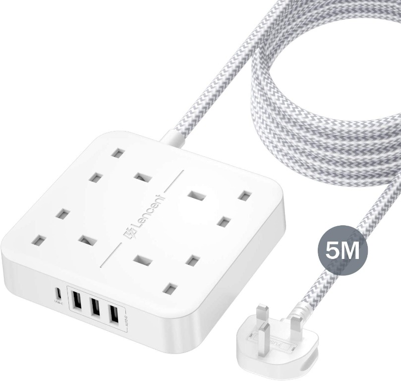 3250W 13A 4 Way Outlets Power Strip with 4 USB Ports Multi Power Plug Extension with 1.8M Braided Extension Cord for Home Office LENCENT Extension Lead with USB Slots 