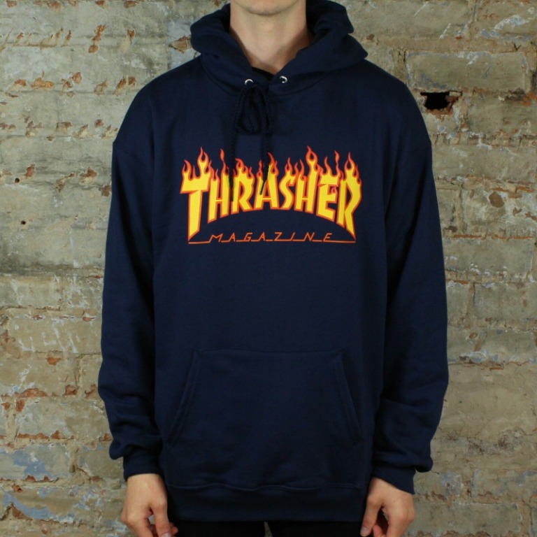 THRASHER FLAME LOGO NAVY HOODIE S M L Men s Fashion Tops