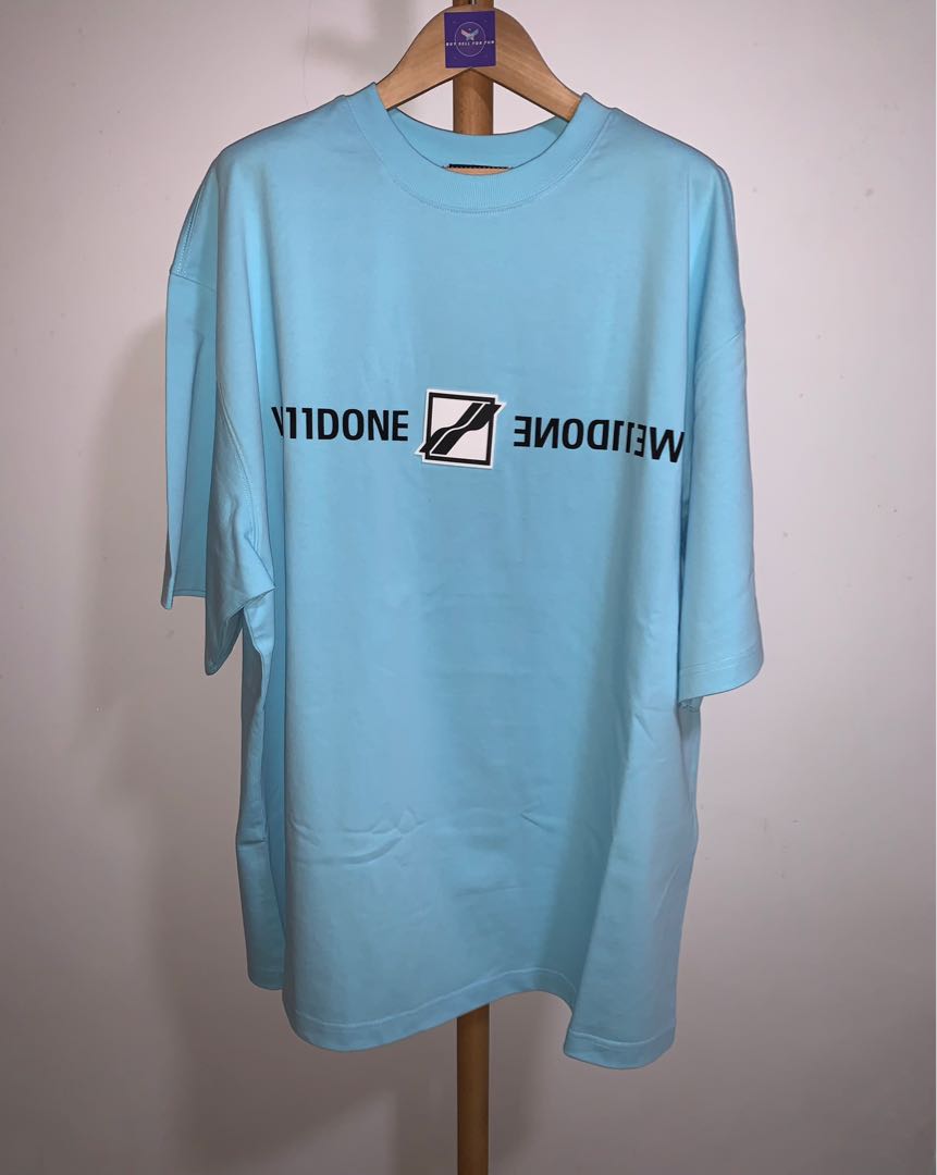 We11done Mirror Patch Logo Light Blue Tee, Men's Fashion, Tops 