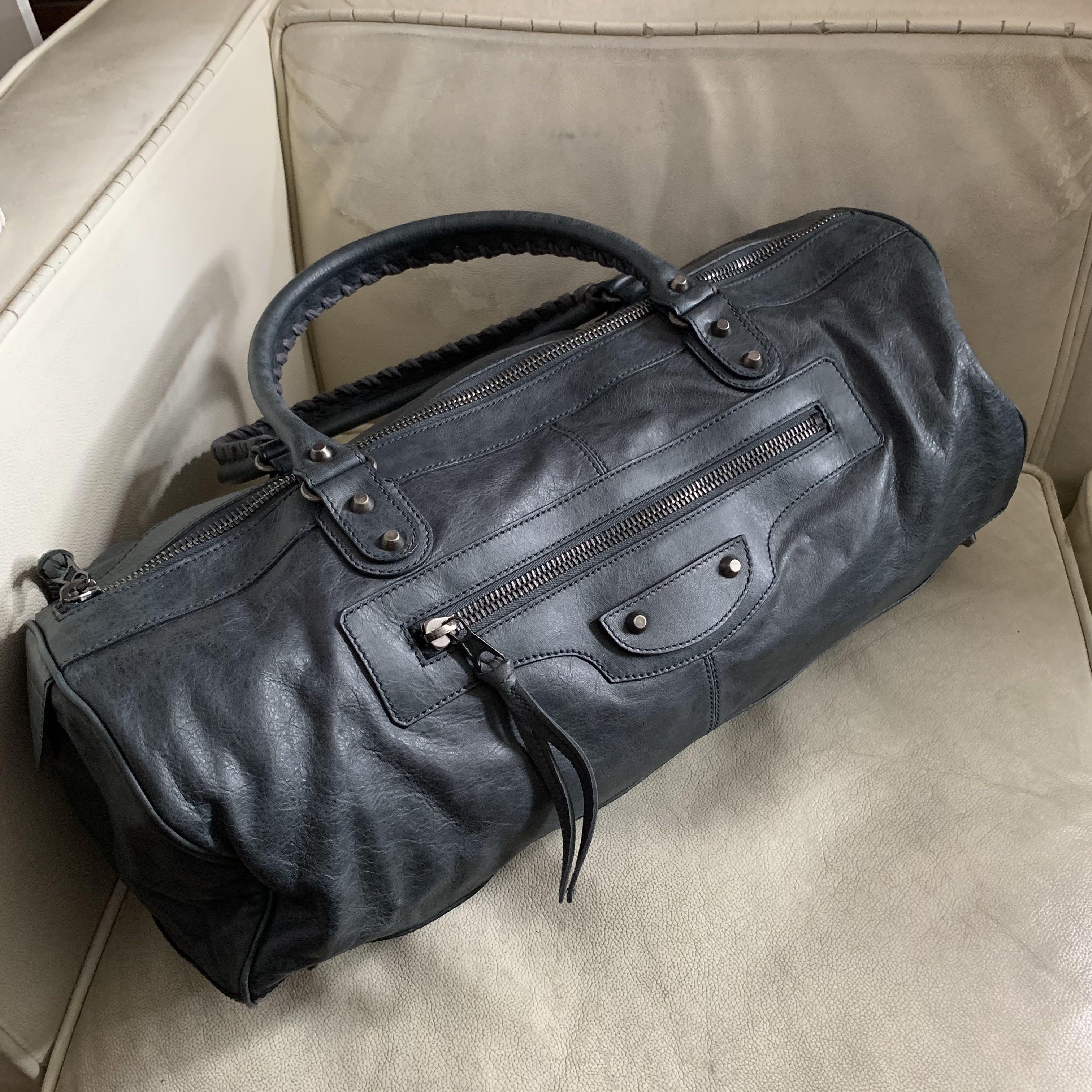 BALENCIAGA Grey Blue Lambskin Leather Boston Bag
