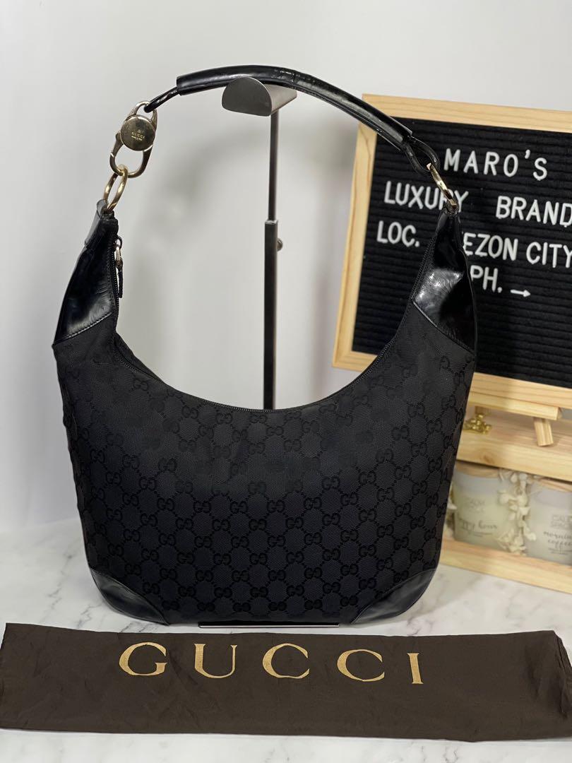 Gucci Black Monogram Canvas & Bamboo Hobo Bag .  Luxury