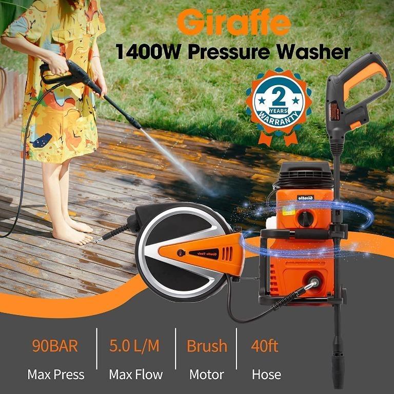 Giraffe Tools 65ft Retractable Pressure Washer Hose Reel - Wall Mount, 3200 PSI, With Adaptors