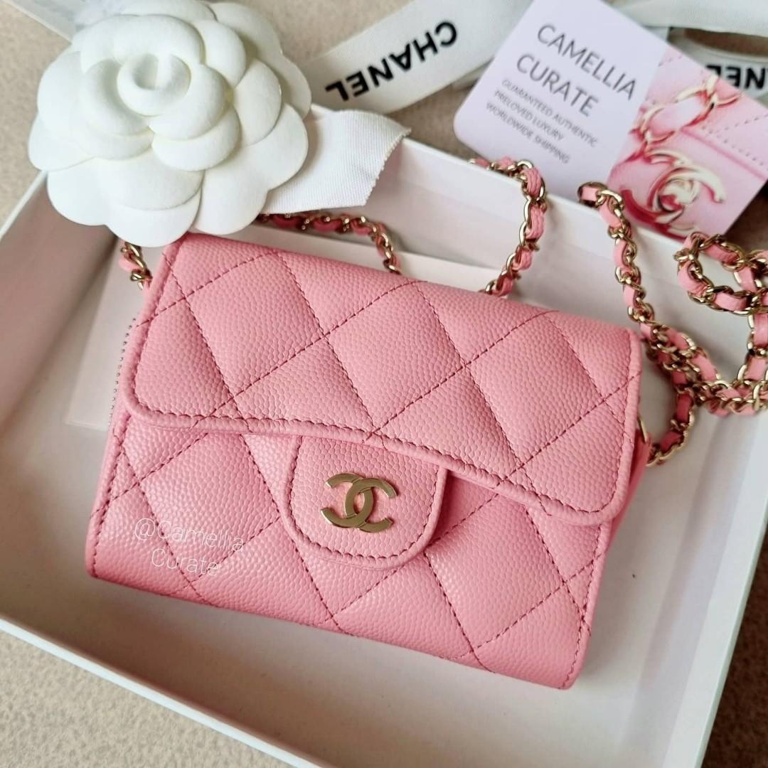 Chanel 22C Pink Caviar Mini Clutch With Chain Gold Card Shoulder Crossbody  Bag