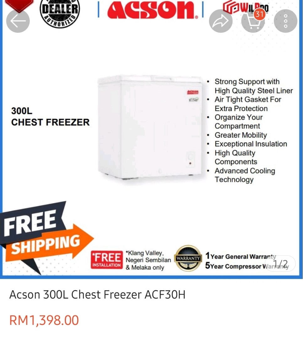Freezer Acson 300 Liter beli tahun 7/2021, TV & Home Appliances