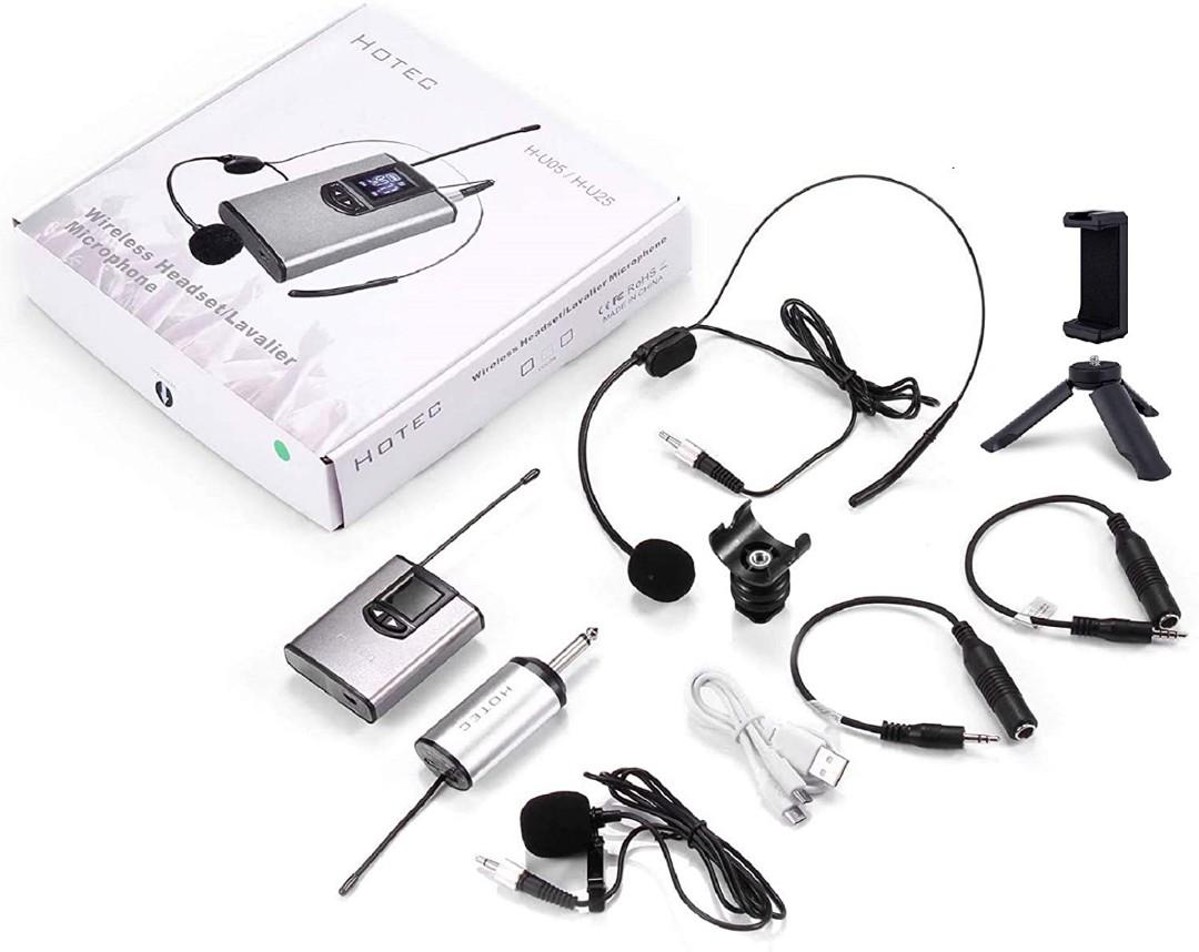 Hotec Wireless System with Dual Headset Microphones/Lavalier Lapel Mics and  Bodypack Transmitters and One Mini Rechargeable Receiver 1/4 Output, For