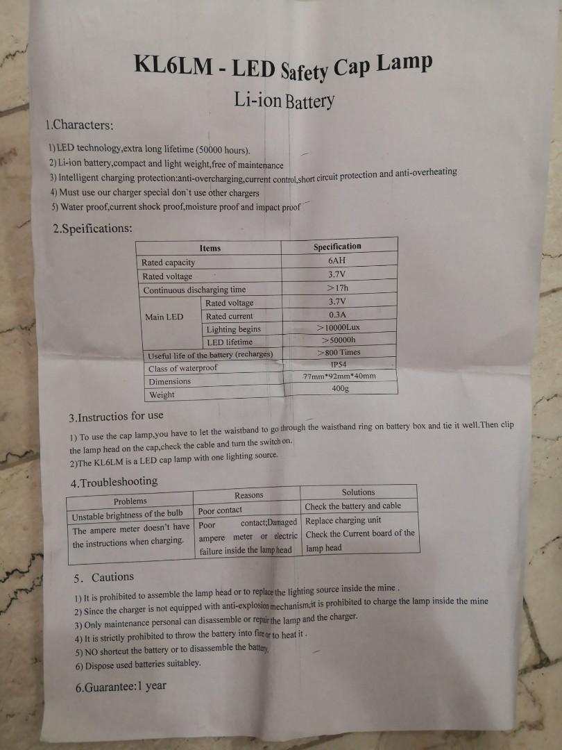 KL6LM LED Safety Cap Lamp Liion Battery, Sports Equipment, Hiking